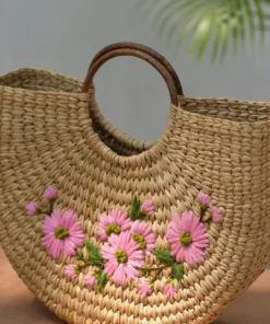 Túi Xách Cỏ Kouna Dáng Chữ U Thêu Hoa Văn